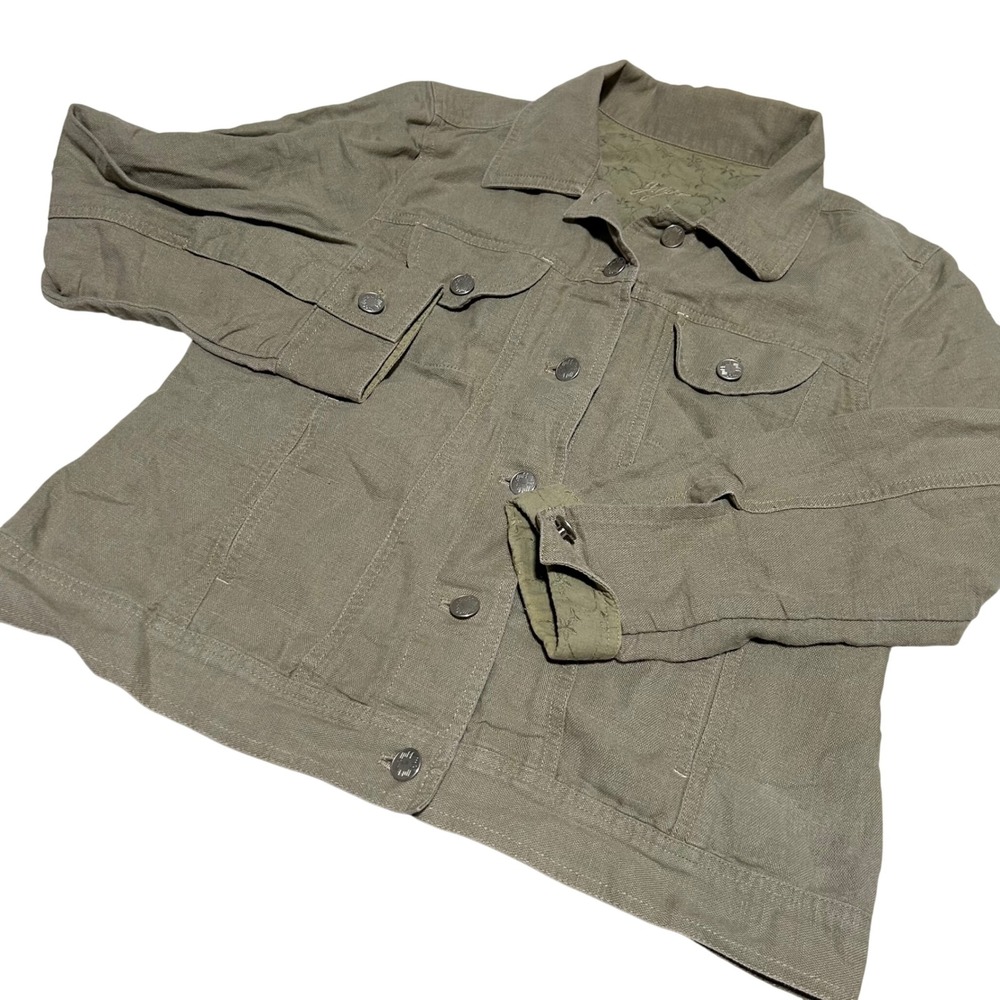 J. Jill Jacket Women S Olive Green Linen Blend Floral Trim Utility Button Down